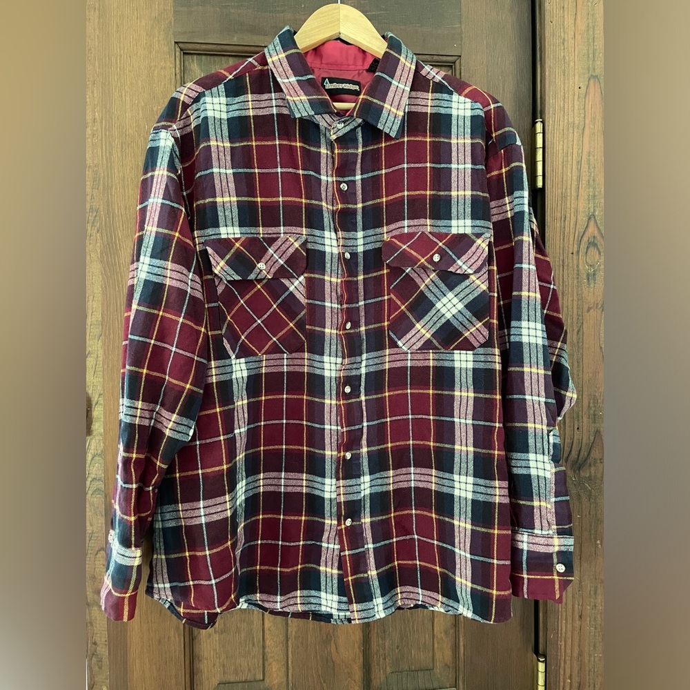 Vintage Timber Ridge Men’s Flannel Shirt Button Up Burgundy Blue Plaid Size XXL